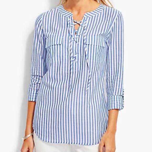 Talbots XLP Cotton Roll Tab Sleeves Lace-Up Garden Party Stripes Popover Shirt - Picture 1 of 12